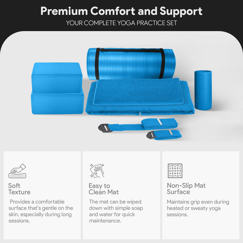 Load image into Gallery viewer, BalanceFrom Fitness 7 Piece Yoga Set with Mat, Stretch Strap, &amp; Knee Pad, Blue
