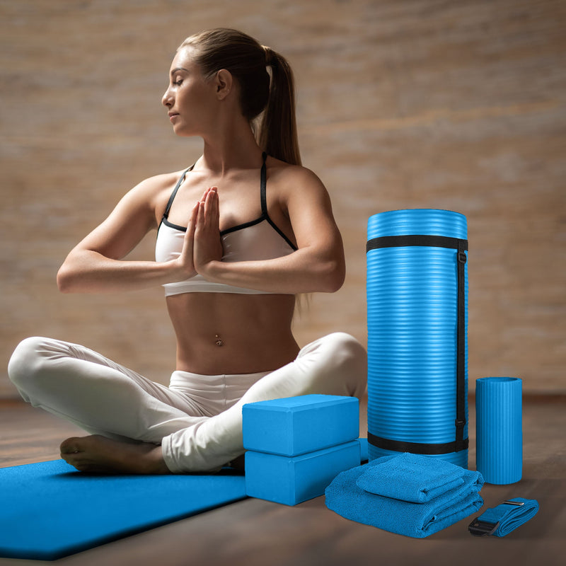 Load image into Gallery viewer, BalanceFrom Fitness 7 Piece Yoga Set with Mat, Stretch Strap, &amp; Knee Pad, Blue
