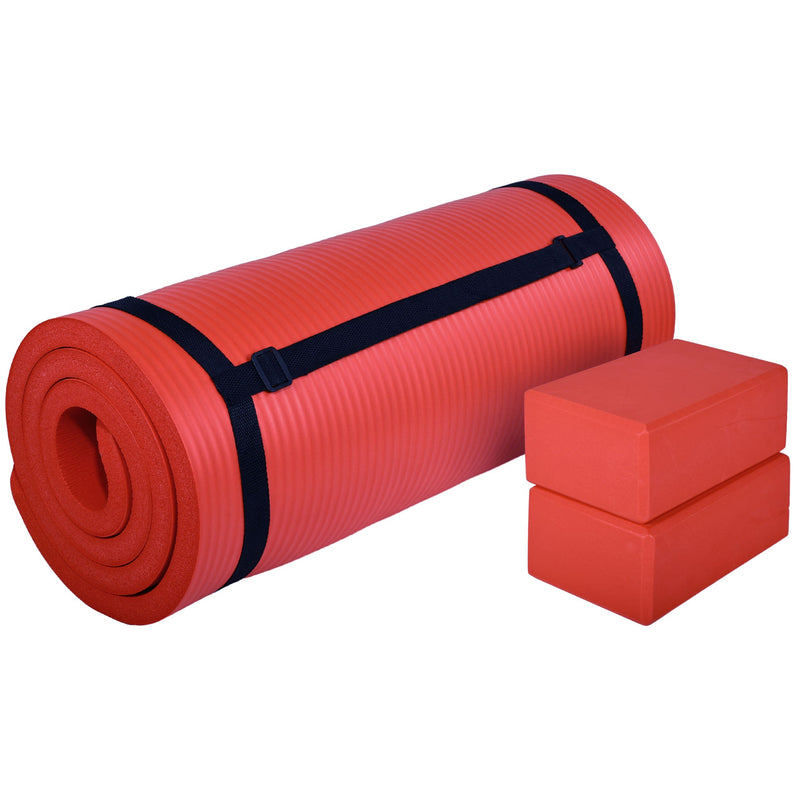 Load image into Gallery viewer, BalanceFrom Fitness 71&quot;x24&quot; Anti Tear Yoga Mat w/Strap, Knee Pad &amp; Blocks, Red

