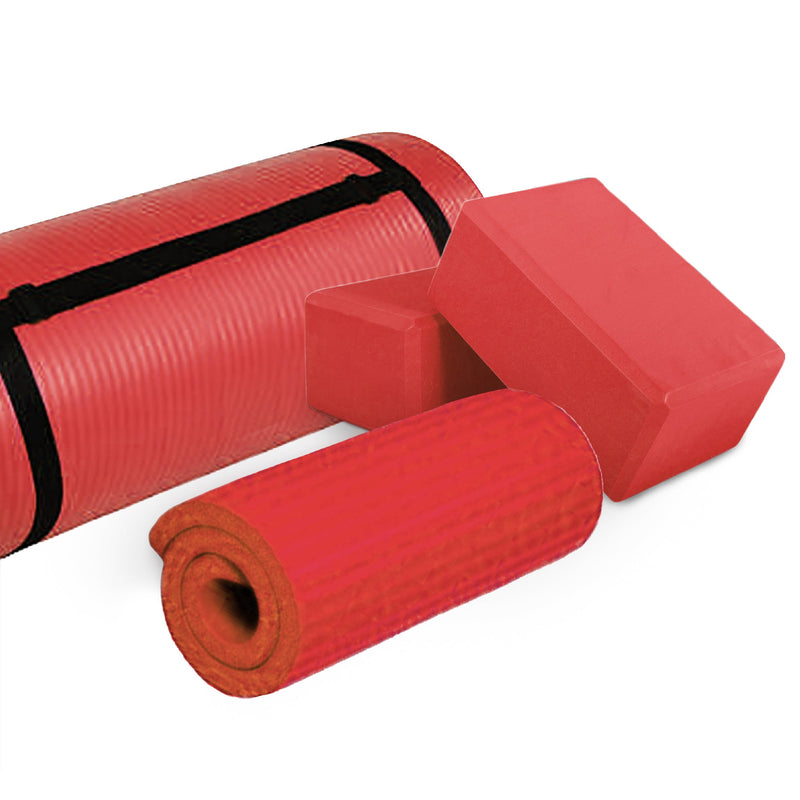 Load image into Gallery viewer, BalanceFrom Fitness 71&quot;x24&quot; Anti Tear Yoga Mat w/Strap, Knee Pad &amp; Blocks, Red
