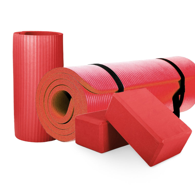 Load image into Gallery viewer, BalanceFrom Fitness 71&quot;x24&quot; Anti Tear Yoga Mat w/Strap, Knee Pad &amp; Blocks, Red

