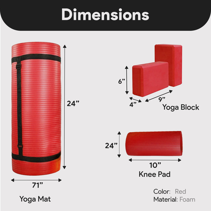 Load image into Gallery viewer, BalanceFrom Fitness 71&quot;x24&quot; Anti Tear Yoga Mat w/Strap, Knee Pad &amp; Blocks, Red
