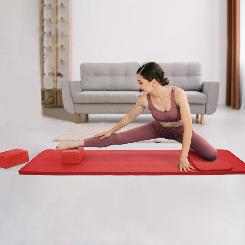 Load image into Gallery viewer, BalanceFrom Fitness 71&quot;x24&quot; Anti Tear Yoga Mat w/Strap, Knee Pad &amp; Blocks, Red
