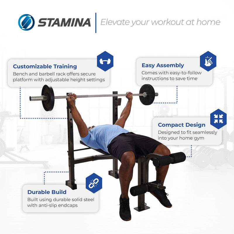 Load image into Gallery viewer, Stamina Adjustable Steel Weight Bench Barbell Rack Combo Set for Home Gym, Black
