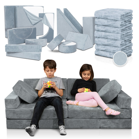 Lunix - LX15 14-Piece Play Couch Bundle (Stone Gray + Extra Serenity Blue Cover)