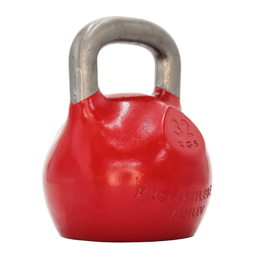 Red kettlebell with a silver handle on a white background