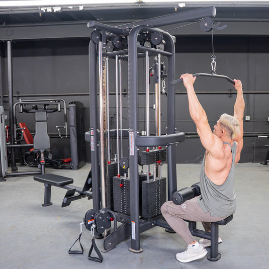 Muscle D Fitness - 4 Stack Megatron Standard Jungle Gym - 2 Colors - Low Row, Lat Pulldown, Single Handle Hi/low Pulley, Double Hi/Low Pulley