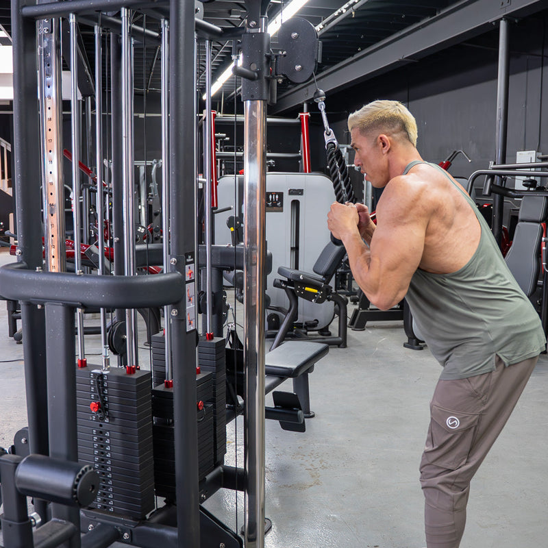 Load image into Gallery viewer, Muscle D Fitness - 4 Stack Megatron Standard Jungle Gym - 2 Colors - Low Row, Lat Pulldown, Single Handle Hi/low Pulley, Double Hi/Low Pulley
