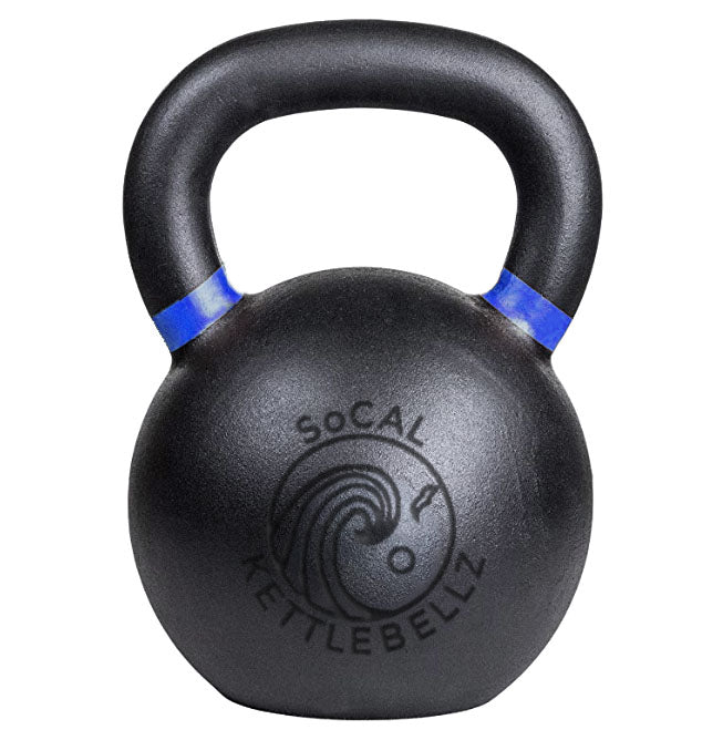 Load image into Gallery viewer, Black kettlebell with blue accents on a white background, featuring 'Socal Kettlebellz' branding.
