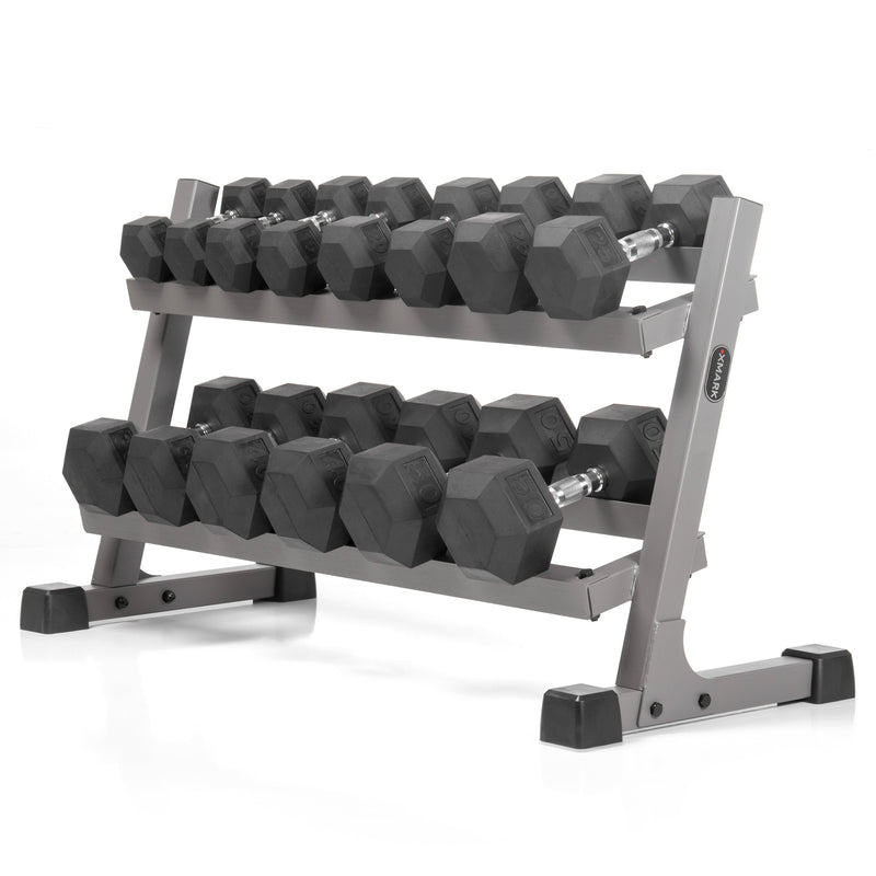 Load image into Gallery viewer, XMARK - 10 to 50 lbs. Rubber Hex Dumbbell Pairs Includes 2-Tier Storage Rack
