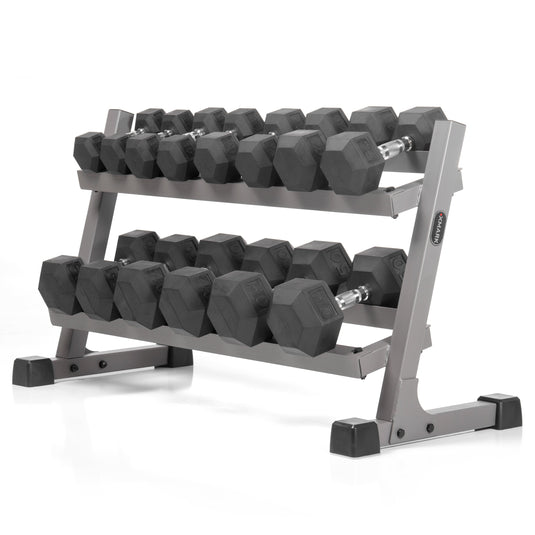 XMARK - 10 to 50 lbs. Rubber Hex Dumbbell Pairs Includes 2-Tier Storage Rack