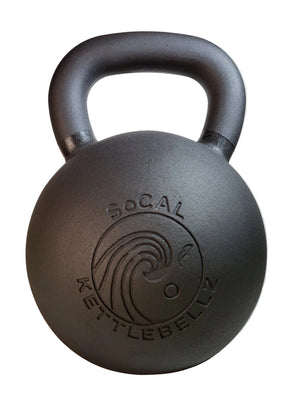 Black kettlebell with 'Socal Kettlebellz' branding on a light background