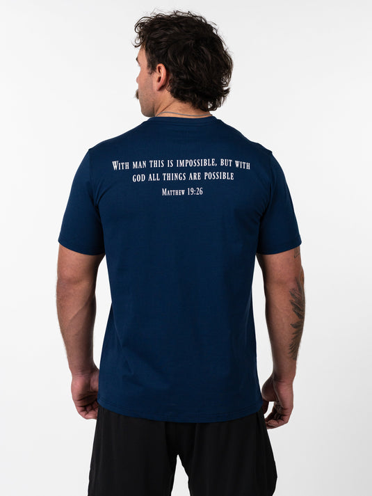 HolStrength - Sovereign Performance Tee - Matthew 19:26 - Navy Blue / S