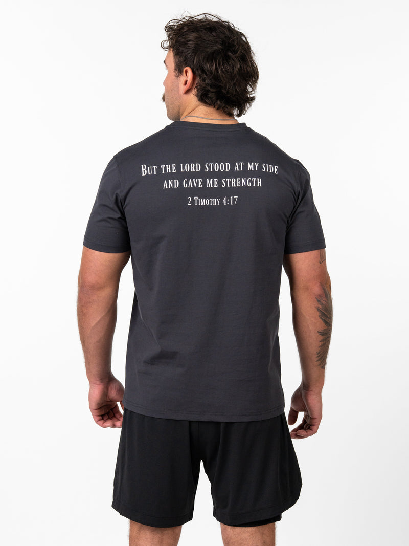 Load image into Gallery viewer, HolStrength - Sovereign Performance Tee - 2 Timothy 4:17 - Gunmetal / S
