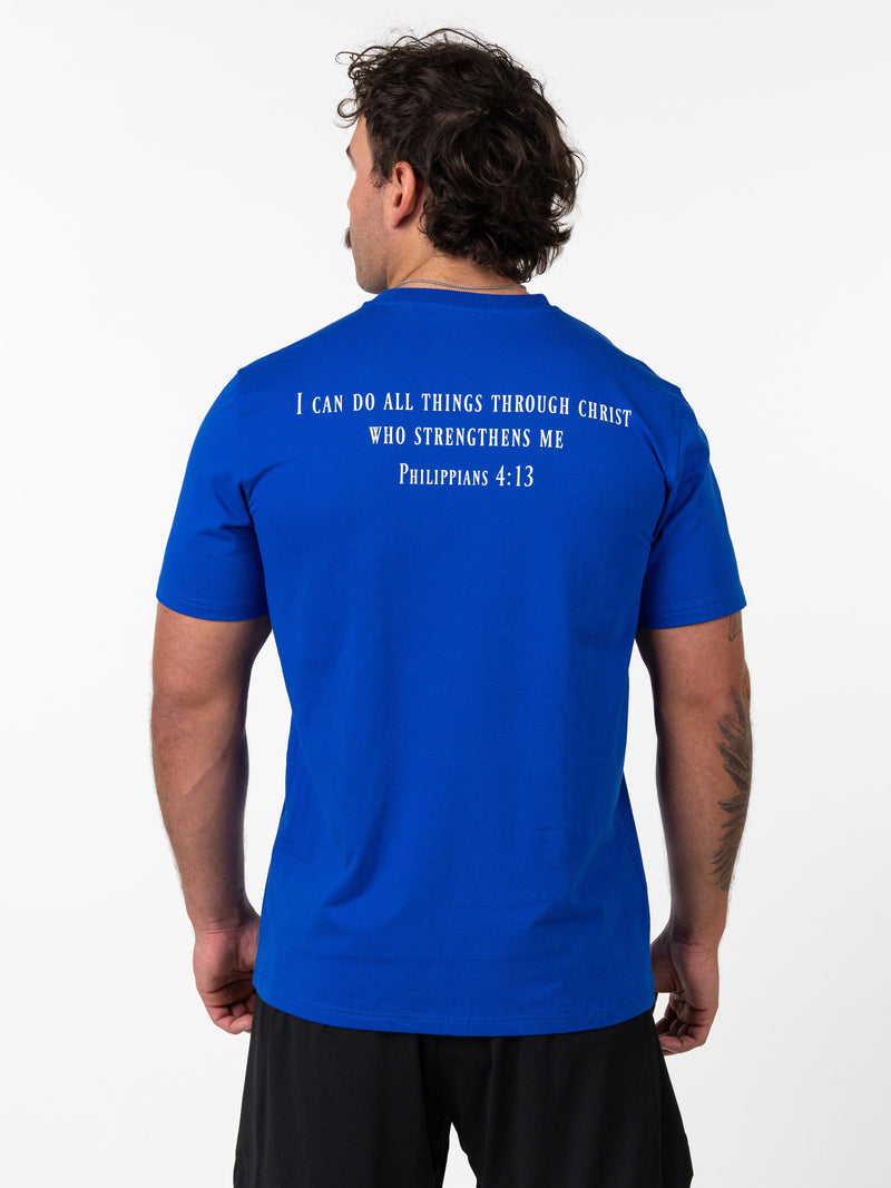 Load image into Gallery viewer, HolStrength - Sovereign Performance Tee - Philippians 4:13 - Blue / S
