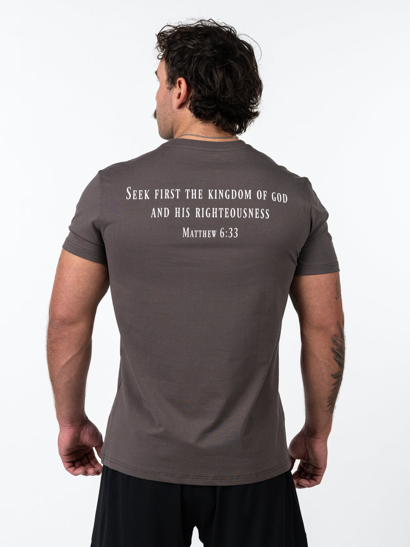 Load image into Gallery viewer, HolStrength - Sovereign Performance Tee - Matthew 6:33 - Iron Grey / S
