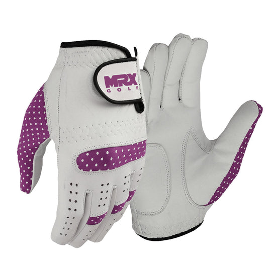 MRX - Women's Golf Gloves Left & Right Hand Cabretta Leather Golfer Glove - Left / White / Burgundy / S