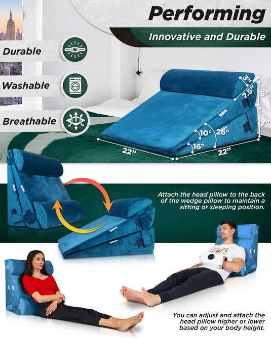 Lunix - LX8 2-LAYER ORTHOPEDIC WEDGE PILLOW SET, WITH HOT COLD PACK BLUE