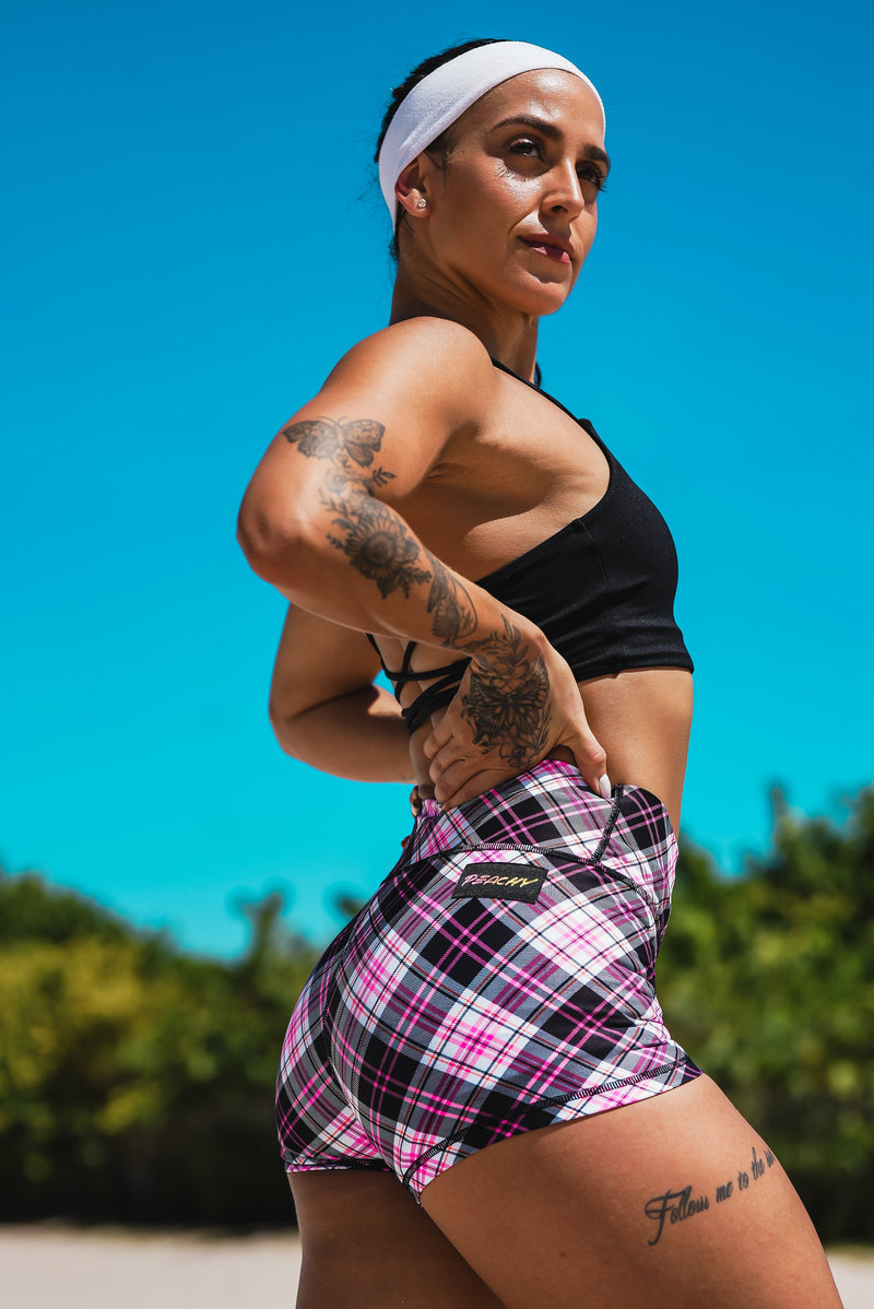 Load image into Gallery viewer, Peachy Athletic - Flirty Flannel Squat-Proof Gym Shorts
