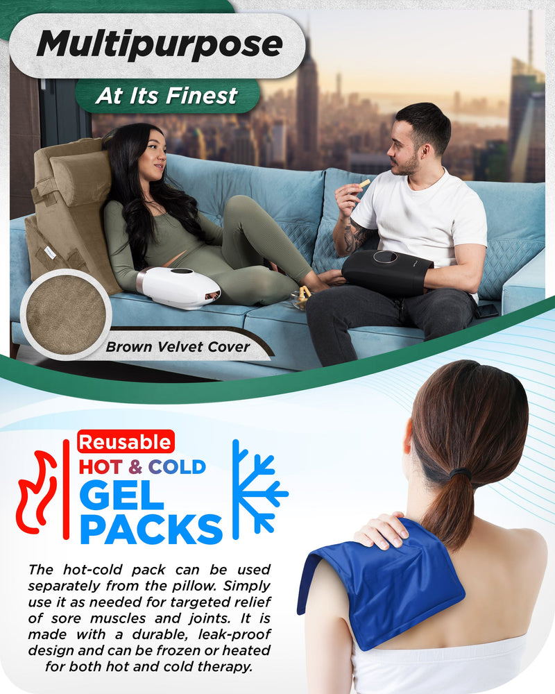 Load image into Gallery viewer, LX6 3pcs Orthopedic Bed Wedge Pillow System, with Hot Cold Pack Brown
