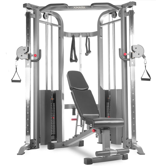 XMARK - Functional Trainer Cable Machine with 200 lb Weight Stacks and Adjustable Weight Bench