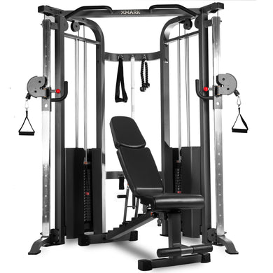 XMARK - Functional Trainer Cable Machine with 200 lb Weight Stacks and Adjustable Weight Bench