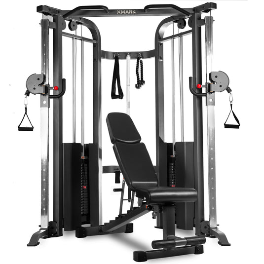 XMARK - Functional Trainer Cable Machine with 200 lb Weight Stacks and Adjustable Weight Bench