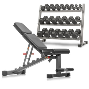 XMARK - 5-50 lb Hex Dumbbell Set with Rack and Weight Bench