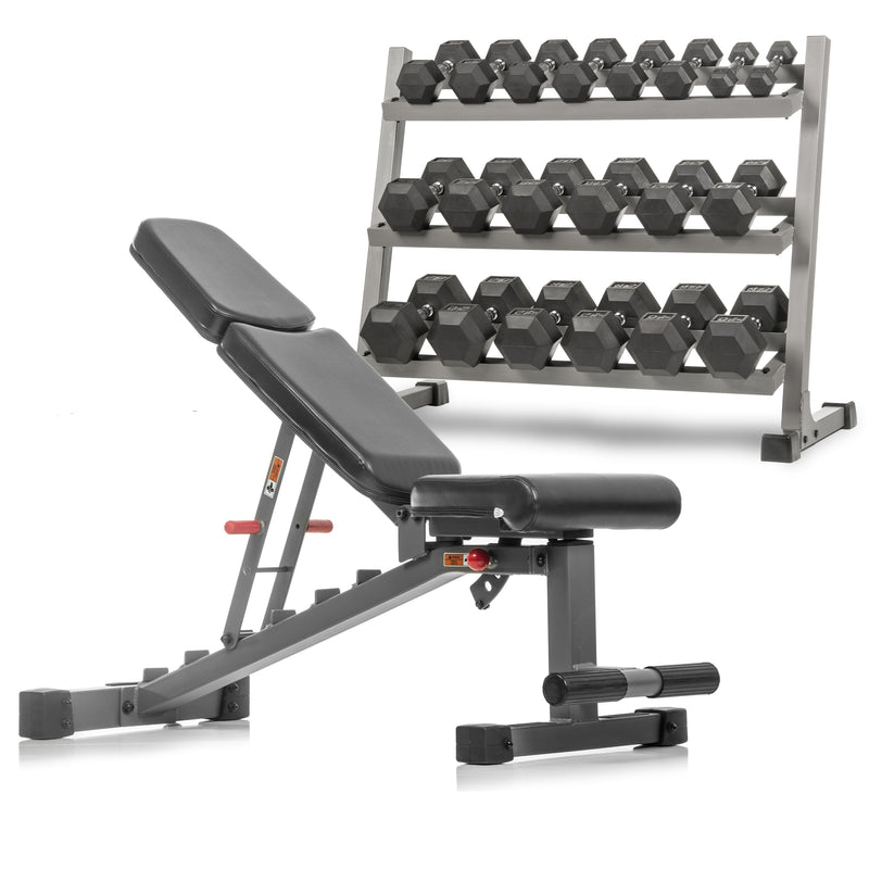Load image into Gallery viewer, XMARK - 5-50 lb Hex Dumbbell Set with Rack and Weight Bench
