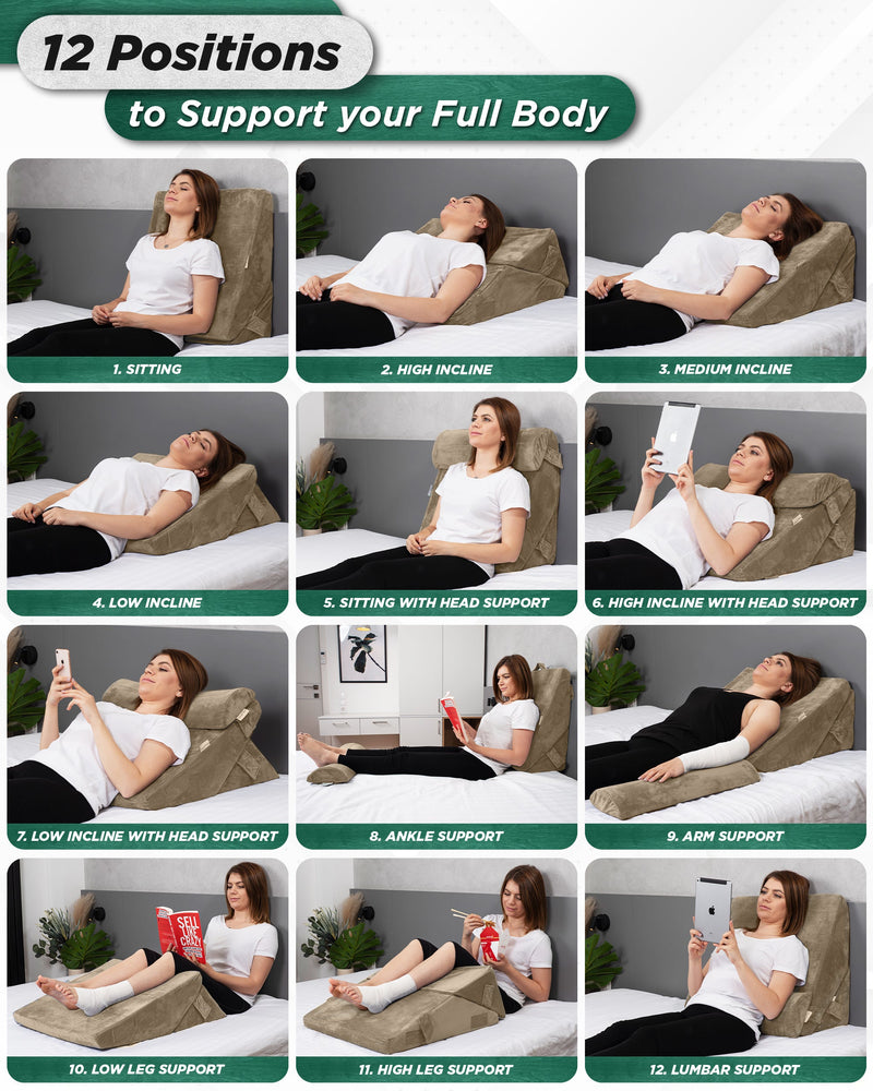 Load image into Gallery viewer, LX6 3pcs Orthopedic Bed Wedge Pillow System, with Hot Cold Pack Brown
