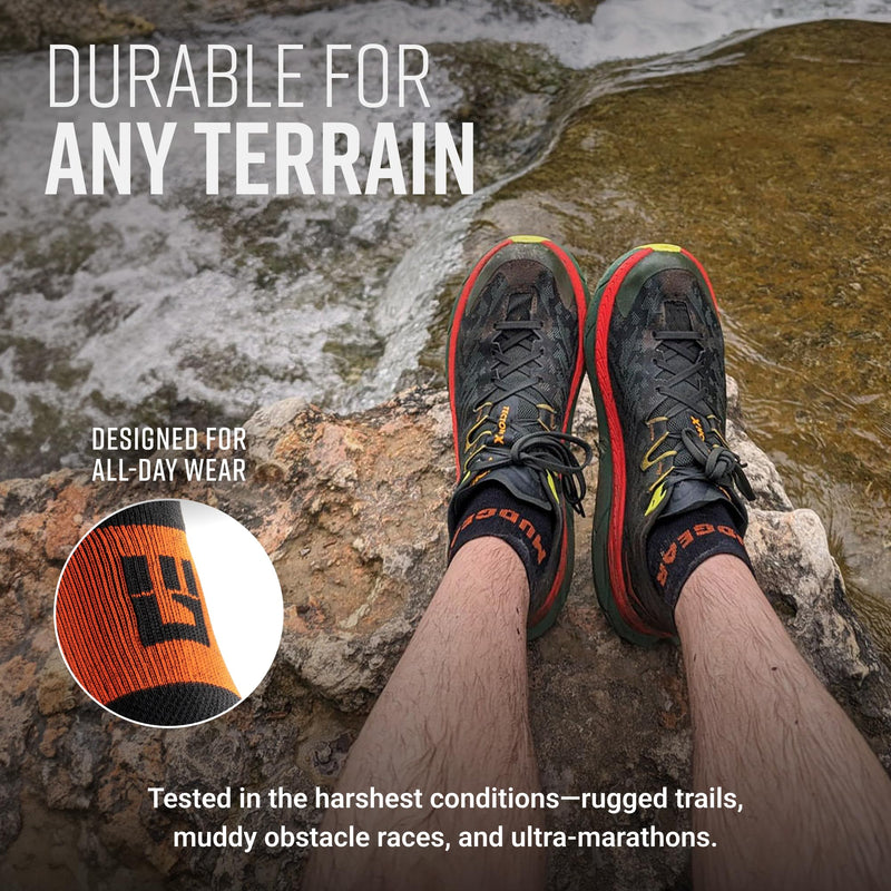 Load image into Gallery viewer, MudGear - Quarter Crew Trail Socks (Black/Orange, 2-Pair Pack)
