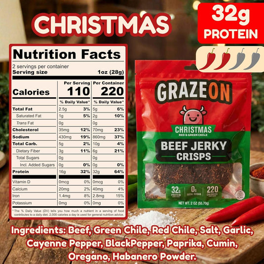 GrazeOn - Christmas Red + Green Chile Beef Crisps (2 oz) - Protein Snack