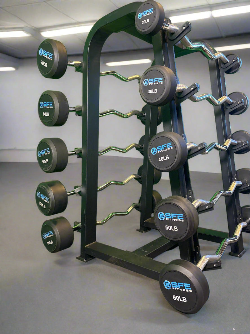 Load image into Gallery viewer, SFE Rubber Fixed EZ Curl Barbell SET 20LBs - 110LBs with Rack (New)
