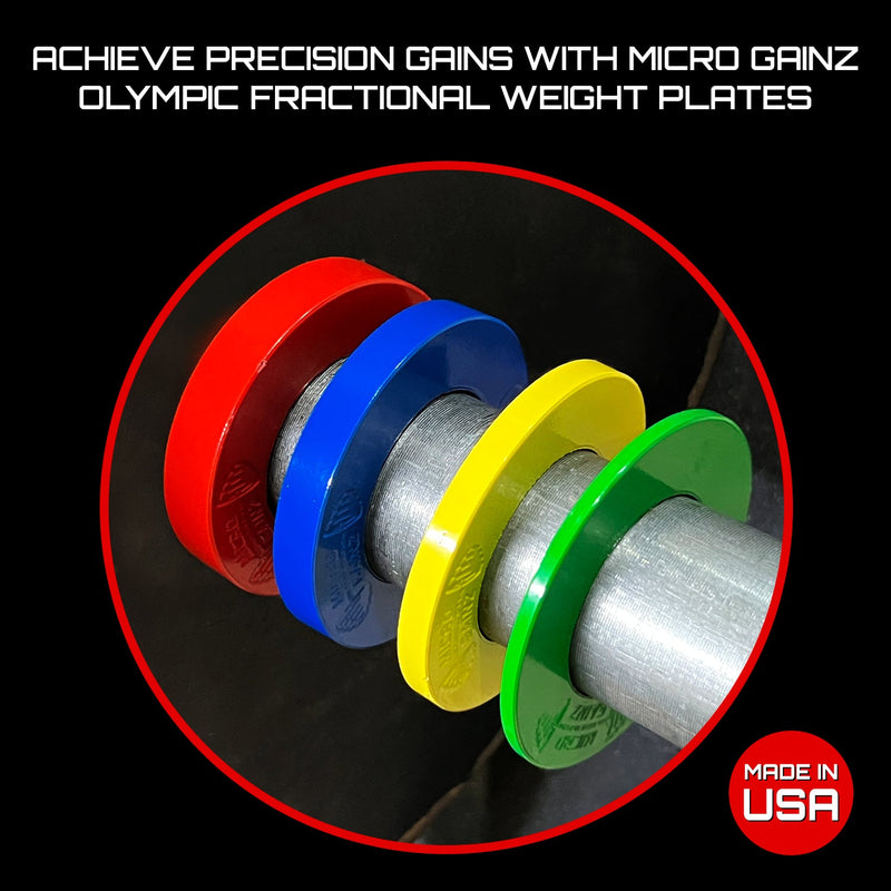 Load image into Gallery viewer, Micro Gainz Multi-Color Olympic Size Fractional Weight Plates Set of 8 Plates .25LB-1LB  w/ Bag
