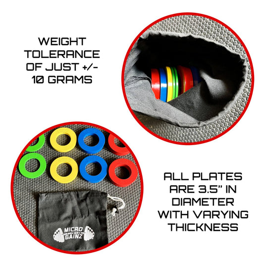 Micro Gainz - Multi-color Olympic Size Fractional Weight Plates Set of 10 Plates .25LB-1.25LB w/ Bag - Micro Plates