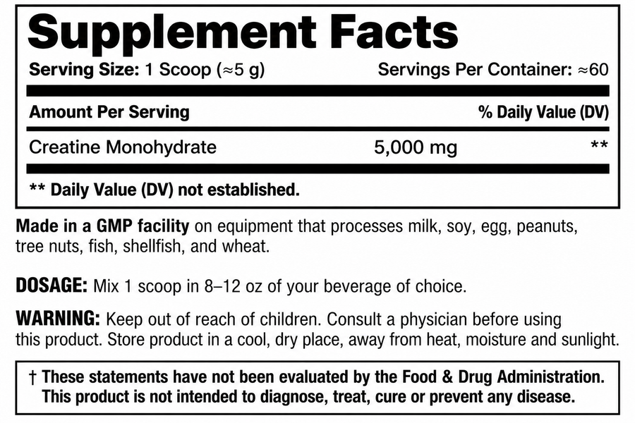 Animal - 100% Pure Creatine Monohydrate Powder nutrition facts label
