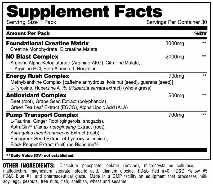 Animal Pre-Workout Pump (30 Packs) nutrition facts label