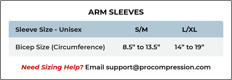 Load image into Gallery viewer, Pro Compression arm sleeve size chart: S/M and L/XL by bicep circumference