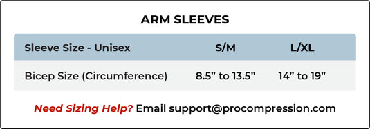 Pro Compression arm sleeve size chart: S/M and L/XL by bicep circumference