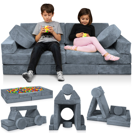 Lunix - LX15 14-Piece Play Couch Bundle (Stone Gray + Extra Serenity Blue Cover)