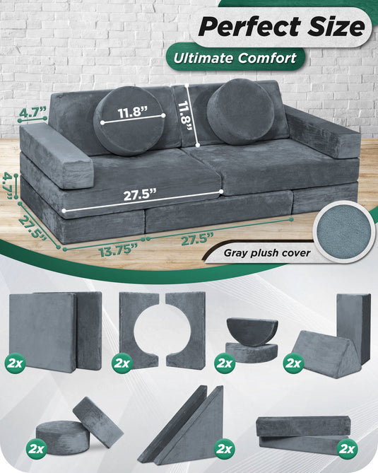 Lunix - LX15 14-Piece Play Couch Bundle (Stone Gray + Extra Serenity Blue Cover)