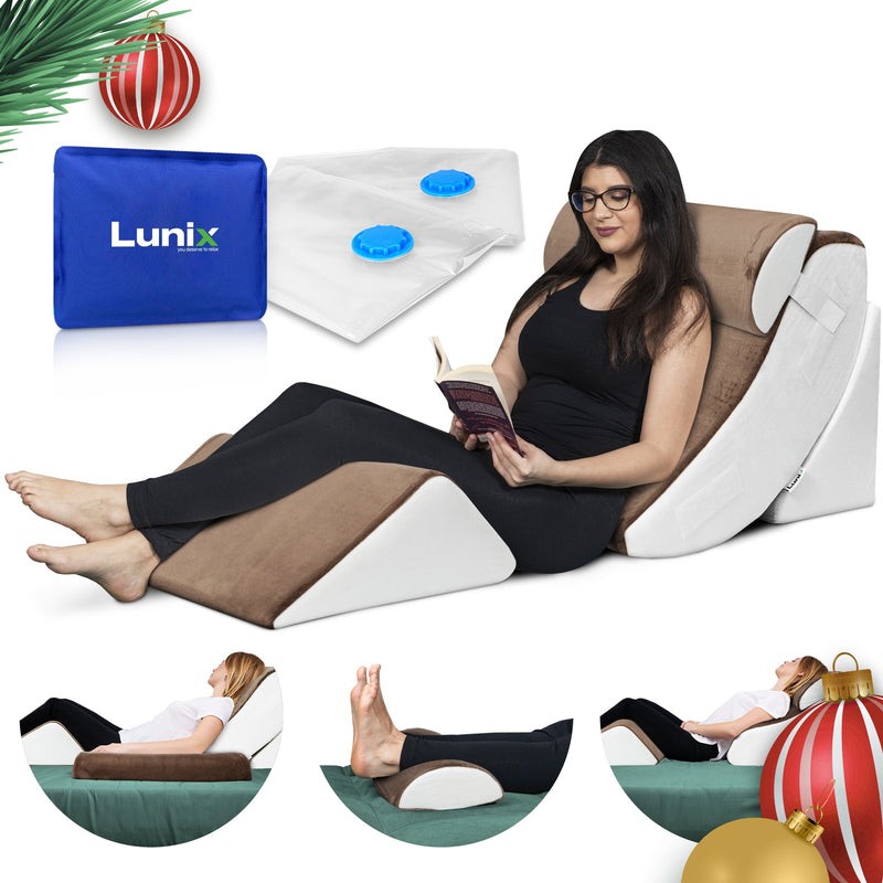 Load image into Gallery viewer, Lunix - LX5 4pcs Orthopedic Bed Wedge Pillow System, with Hot Cold Pack Brown/White
