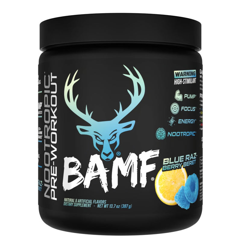 Load image into Gallery viewer, Tub  of Bucked Up BAMF Blue Razz pre-workout powder
