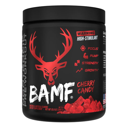 Tub of Bucked Up BAMF Cherry Candy pre-workout powder