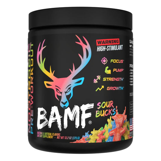 Tub of Bucked Up BAMF Sour Bucks pre-workout powder