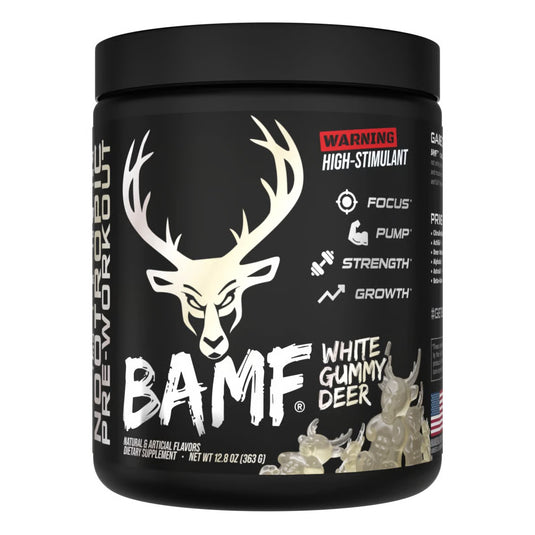 Tub of Bucked Up BAMF White Gummy Deer pre-workout powder