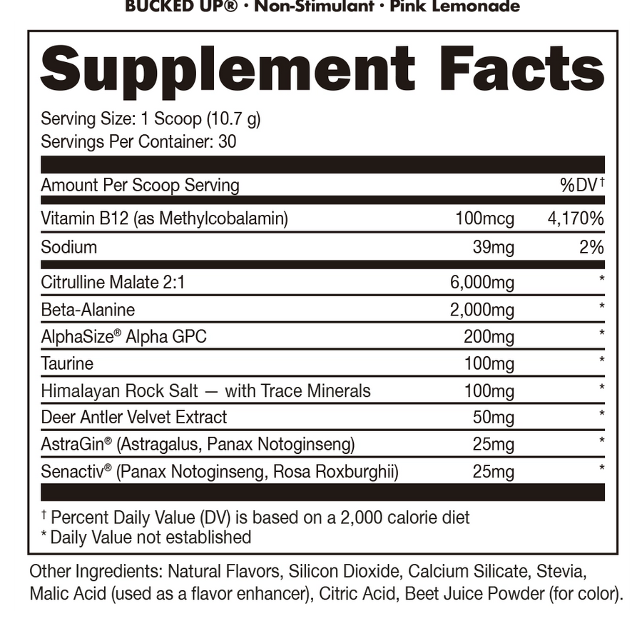 Bucked Up - Non-Stimulant Pre-Workout nutrition facts label