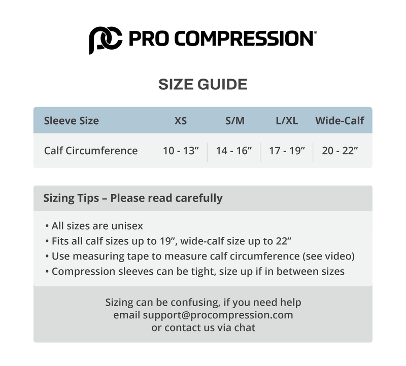 Load image into Gallery viewer, Pro Compression calf sleeve size chart: XS, S/M, L/XL and Wide-Calf by calf circumference