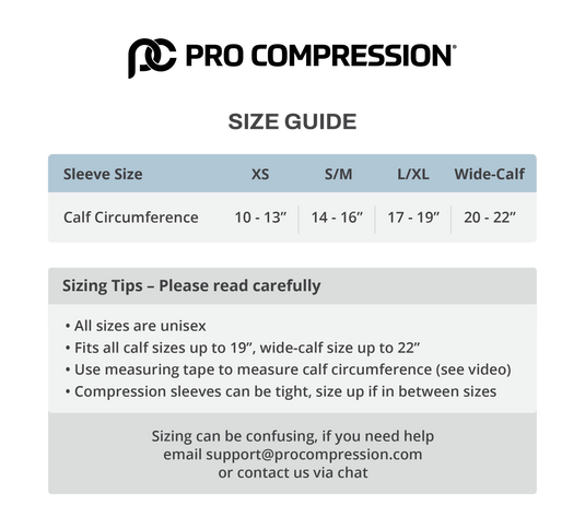 Pro Compression calf sleeve size chart: XS, S/M, L/XL and Wide-Calf by calf circumference