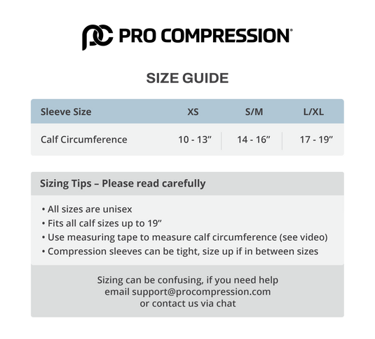 Pro Compression calf sleeve size chart: XS, S/M, L/XL by calf circumference